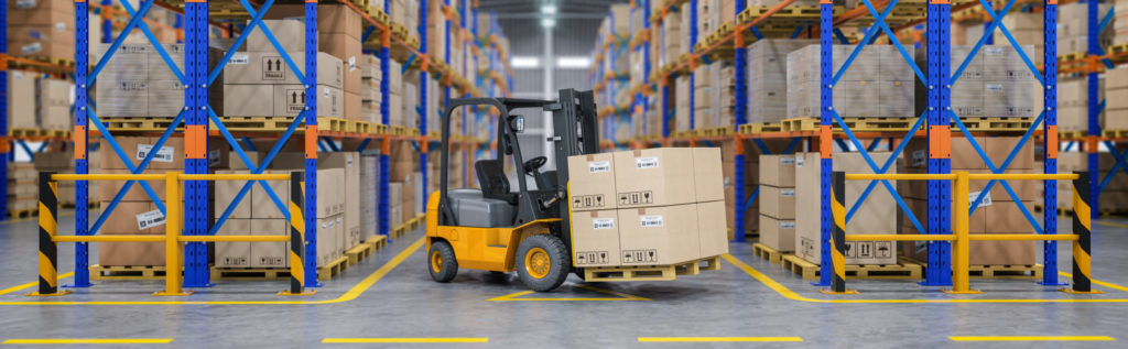 Forklift in warehouse and shelves with cardboard boxes